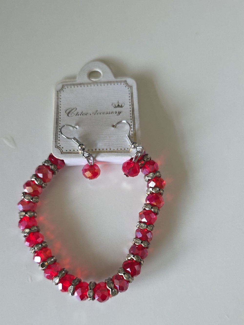 Red Crystal Beaded Bracelet and Earrings Set
